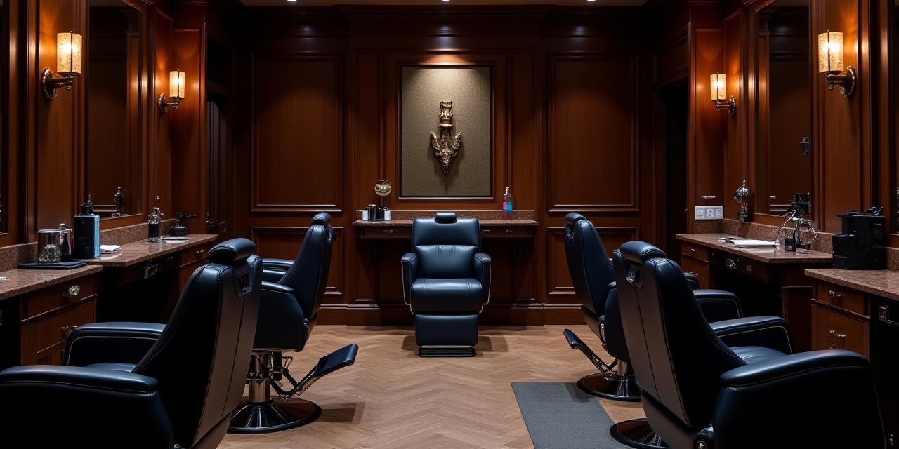 Interno elegante della barberia con finiture in legno e cuoio